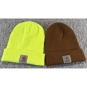 Lot of 2 Carhartt Unisex Brown Yellow Knit Warm Beanie One Size Hat Cap